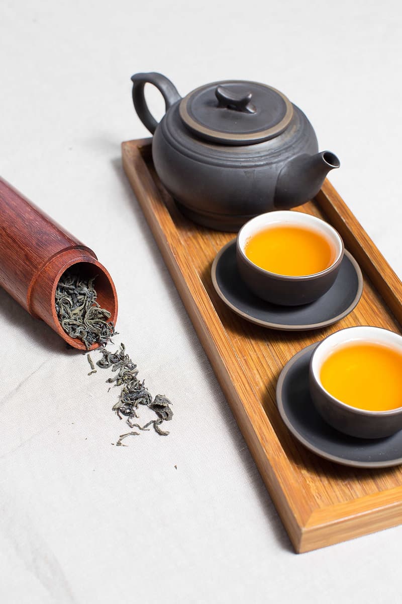 Tea set on a wooden tray